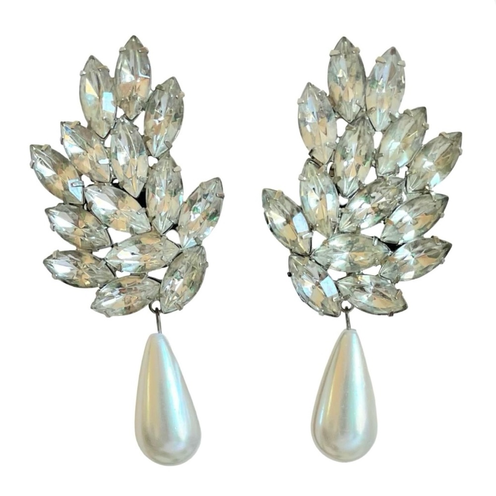 Vintage Signed Thelma Deutsch Rhinestone Clip Earrings With Faux Pearl Drops